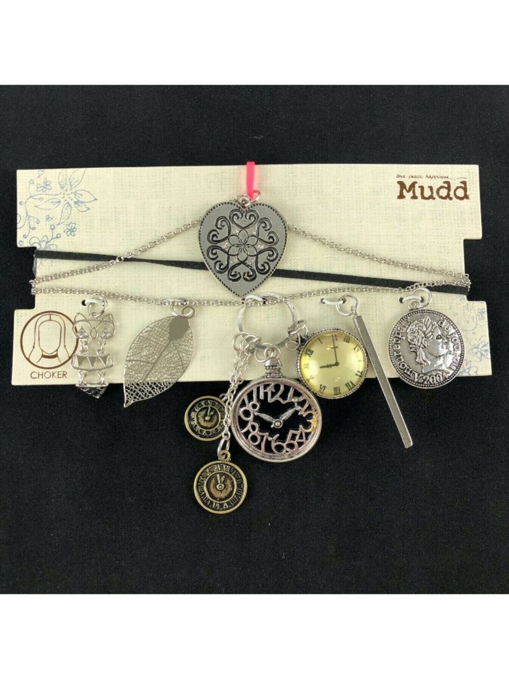 Mudd Choker Necklace Gift Set with 6 Pendants Black & Silver-tone #906